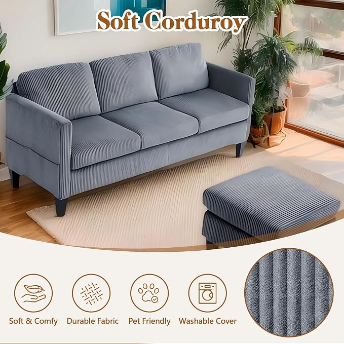 67'' L-Shaped Velvet Modular Sectional Couch Sofa with Ottoman, 3-Seat Convertible Cloud Deep Seat Sofa Couches for Living Room Bedroom Apartment, Cozy Chaise Lounge Sofas (Gray)