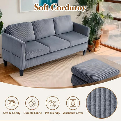 67'' L-Shaped Velvet Modular Sectional Couch Sofa with Ottoman, 3-Seat Convertible Cloud Deep Seat Sofa Couches for Living Room Bedroom Apartment, Cozy Chaise Lounge Sofas (Gray)