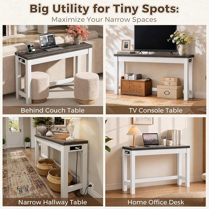 Cyclysio 47" Console Table with Charging Station, 13.8" Deep Farmhouse Sofa Table Behind Couch with 2 AC Outlets & 3 USB Ports, Entryway TV Console or Compact Home Office Desk, Oak Grey