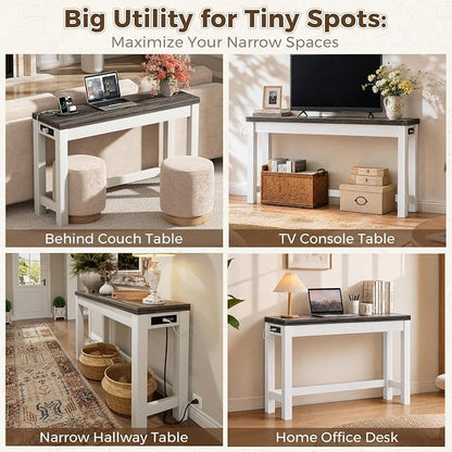 Cyclysio 47" Console Table with Charging Station, 13.8" Deep Farmhouse Sofa Table Behind Couch with 2 AC Outlets & 3 USB Ports, Entryway TV Console or Compact Home Office Desk, Oak Grey