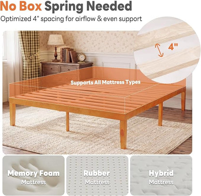 Sweetcrispy Queen Size Bed Frame 16 inch Heavy Duty Platform Bedframe, 1000 lbs Capacity, Underbed Storage, No Box Spring Needed, Wooden Slats, Easy Assembly with Velcro, Honey Finish