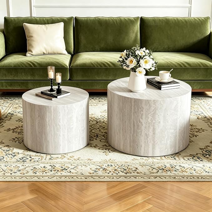 Round Nesting Coffee Tables Modern Travertine Coffee Table Small Round Coffee Tables Circular Side Table Accent End Table Nested Coffee Table Set for Living Room (Travertine)