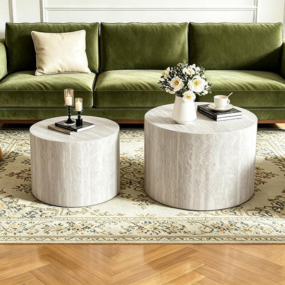 Round Nesting Coffee Tables Modern Travertine Coffee Table Small Round Coffee Tables Circular Side Table Accent End Table Nested Coffee Table Set for Living Room (Travertine)