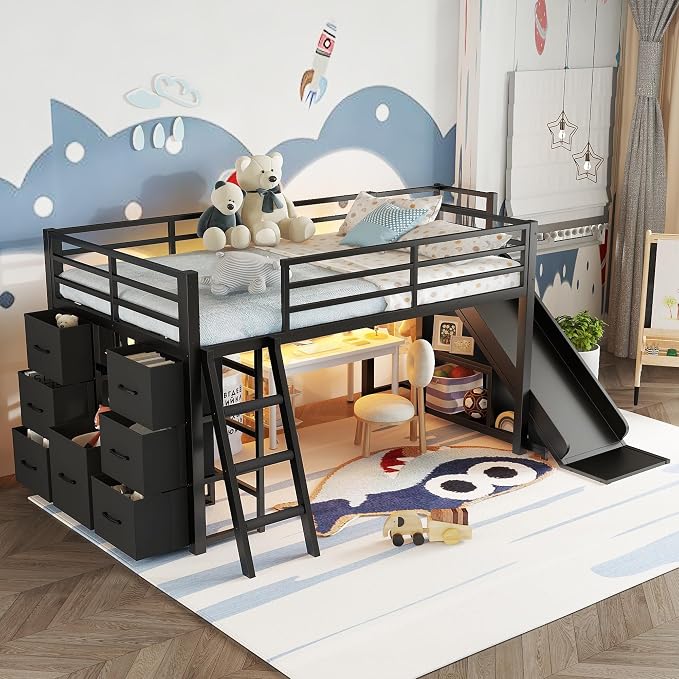 Bellemave Twin Size Loft Bed with 7 Non-Woven Fabric Drawers, Shelves and Wardrobe, Twin Loft Bed with Detachable Slide and Ladders, Low Profile Loft Beds with Lights, Noise Reduced Design Black