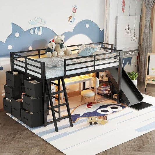 Bellemave Twin Size Loft Bed with 7 Non-Woven Fabric Drawers, Shelves and Wardrobe, Twin Loft Bed with Detachable Slide and Ladders, Low Profile Loft Beds with Lights, Noise Reduced Design Black
