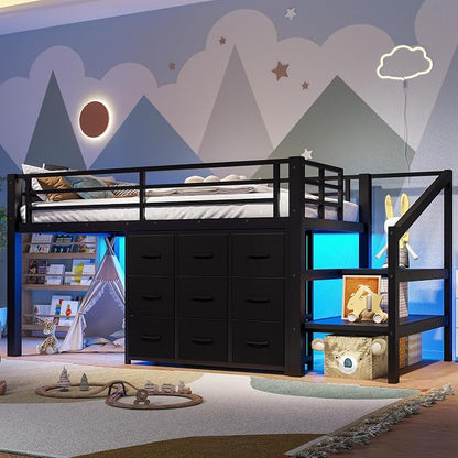 Bellemave Low Loft Bed Twin Size with Storage Stairs and Drawers, Metal Twin Loft Bed for Kids with LED Lights and Shelves, Low Profile Loft Bed Frame for Small Rooms, No Box Spring Needed, Black