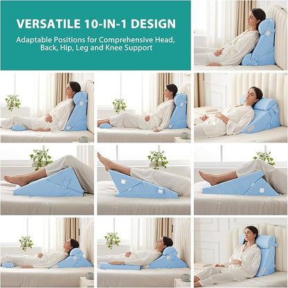 Adjustable 4pcs Bed Wedge Pillow Set, Memory Foam Wedges Pillow Post Surgery for Back, Neck, Leg Pain Relief, Pillows Wedge for Sleeping, Sitting up in Bed, Acid Reflux and GERD, Light Blue