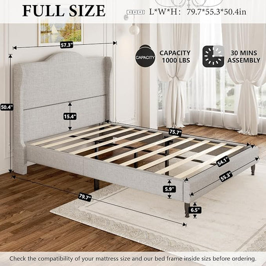 Full Bed Frame with Headboard, Upholstered Platform Bed with Tall Wingback Headboard, Sturdy Wood Slats Support, Easy Assembly, No Box Spring Needed, Modern Style for Bedroom, Beige