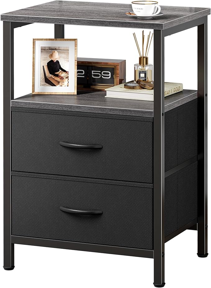 Huuger Night Stand with 2 Drawers, Bed Side Table with Open Shelf, Wooden Top, Nightstand for Bedroom, End Table for Small Space, Fabric Drawer, Grey