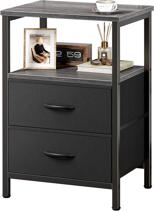 Huuger Night Stand with 2 Drawers, Bed Side Table with Open Shelf, Wooden Top, Nightstand for Bedroom, End Table for Small Space, Fabric Drawer, Grey