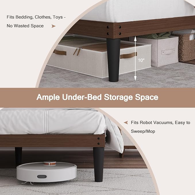 Yumori 12.9 Inch Minimalist Style Queen Size Bed Frame, Wood Platform Bed with Wood Slat Support, No Box Spring Needed, Easy Assembly, Walnut