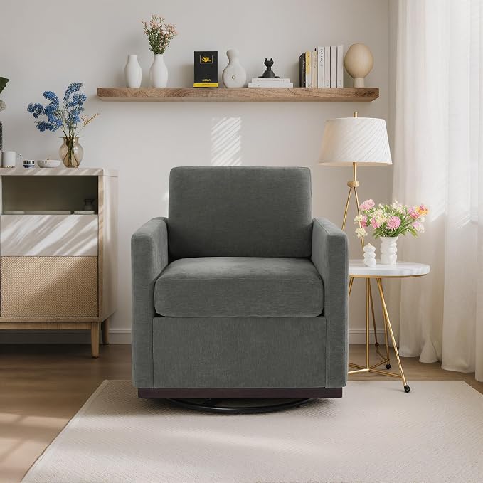 360° Swivel Accent Chairs Set of 2, 31" Wide Upholstered Club Armchairs for Living Room, Comfy Square Swivel Barrel Chair with Metal Base, Chenille Fabric, Dark Gray