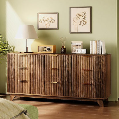VINGLI Fluted Walnut Dresser 9 Drawer, Dark Wood Dresser Brown with Rounded Edges, 57" Long Mid Century Modern Dressers for Bedroom, 57" W*15.75" D*29.92" H