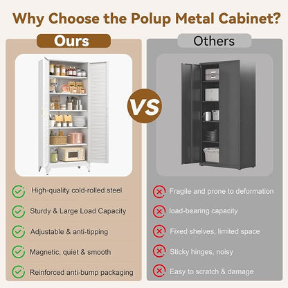 Polup 75" Kitchen Pantry Cabinet, White Metal Storage Cabinet with Doors and 5 Adjustable Shelves, Tall Metal Pantry Cabinets, Large Cupboard for Kitchen, Dining Living Room, Bathroom, Office