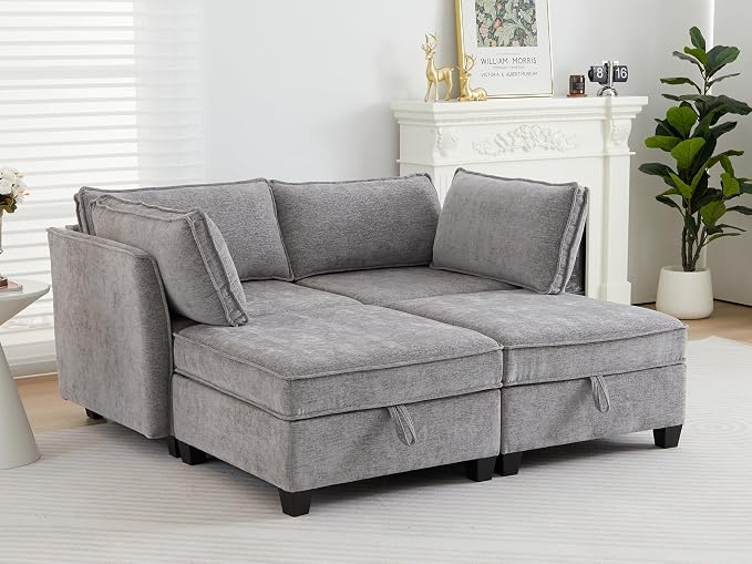ORRD Sleeper Modular Sectional Sofa Set, Convertible Couch Bed with Storage, 4 Seater and 2 Armrestes Sofa Modular for Living Room, Office (Grey)