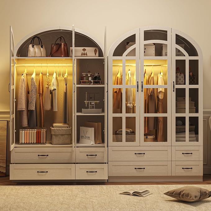 Squireewo 78" Arched Armoire Wardrobe Closet with Motion Sensor LED Light, 3 Windowpane Glass Doors & 4 Drawers, Large Wood Bedroom Storage Cabinet, Clothing Organizer with Hanging Rod, White