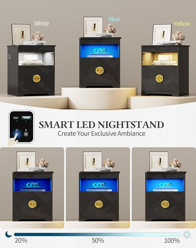 LED Nightstand with Gun Drawer, Modern Bedside Table with 3-Color Lights & Human Sensor, Smart Night Stand with Charger Station, 2 Drawers End Table for Bedroom, Black