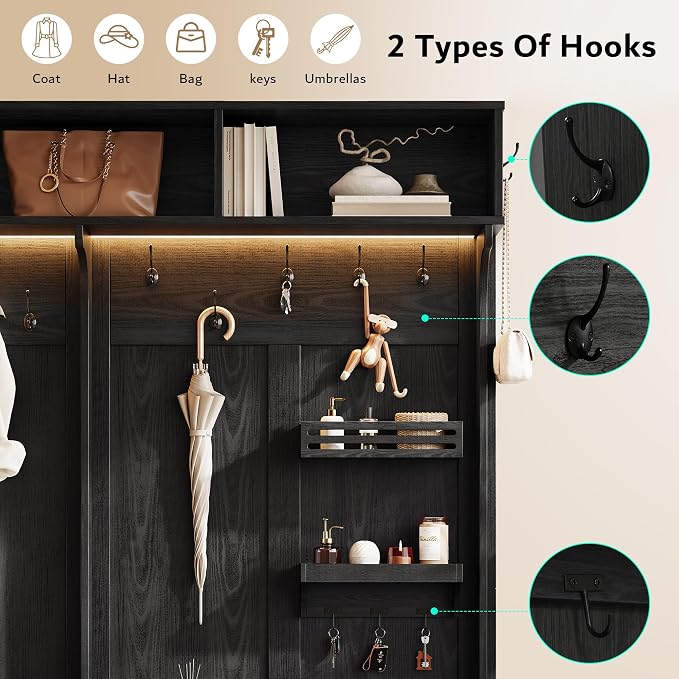 iPormis 70“ Large Hall Tree with Bench and Adjustable Shoe Storage, 6-in-1 Farmhouse Entryway Bench w/Coat Rack, Small Shelves, Top Storage for Living Room, Entryway, Led Lights, Black