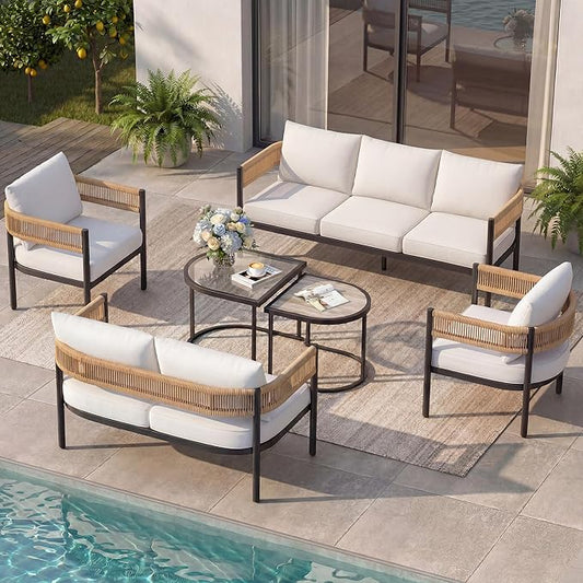 Grand patio 6-Piece Wicker Outdoor Furniture Set with 3-Seat Couch, Thick Cushions and Coffee Table, Patio Sofa Conversation Set for Backyard, Balcony, Natural