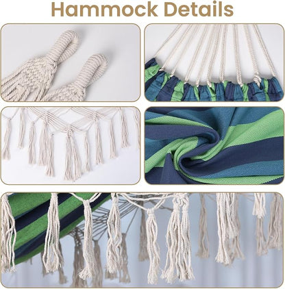 Bellzacasa Brazilian Double Camping Hammock, Portable Hammock Heavy Duty 500 lb Load Capacity Tassels and Fishtail Knitting with Carry Bag & Tree Straps for Patio Balcony Backyard, Blue Stripes