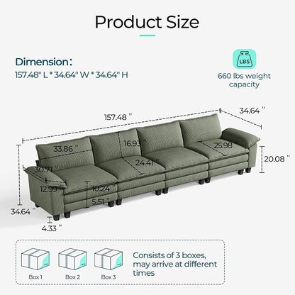 LINSY HOME 157'' Modular Sectional Sofa 4 Seat Couch Corduroy Cloud Couch with Deep Seat, Modern Cloud Couch for Living Room, Office, Bedroom, Green