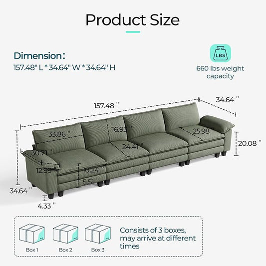 LINSY HOME 157'' Modular Sectional Sofa 4 Seat Couch Corduroy Cloud Couch with Deep Seat, Modern Cloud Couch for Living Room, Office, Bedroom, Green