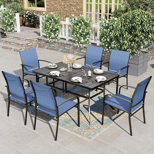 HERA'S HOUSE Outdoor Dining Set, Rectangle Metal Table with Double Umbrella Hole and 6 Armrest Chairs, Patio Table and Chairs for Backyard Garden Porch Deck (Blue)