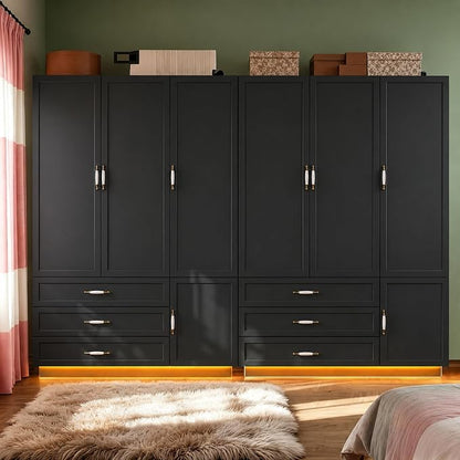 72" Armoire Wardrobe Closet with 3 Door Wooden Bedroom Armoire with LED Light 3 Drawers Large Modern Wardrobe Cabinet with Retro Ceramic Door Handles and Removable Hanging Rod Black