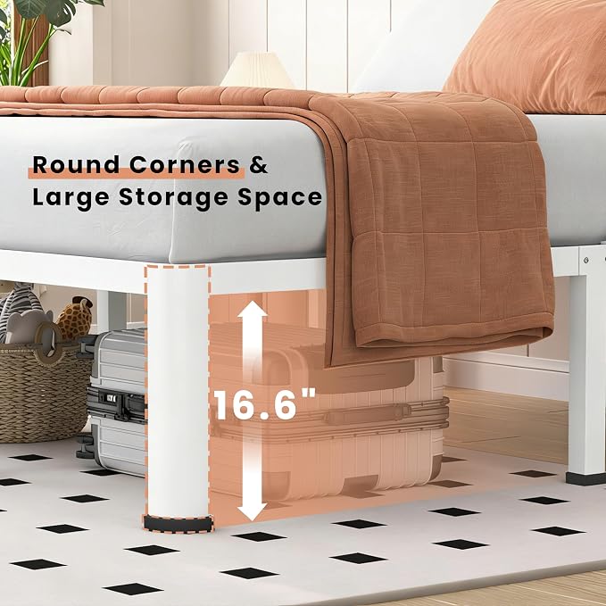 VIPSHOW 18 Inch White Full Heavy Duty 3500 lbs Bed Frame with Round-Corner Legs & Anti-Squeak Design – Quick Assembly Metal Platform, No Box Spring Needed