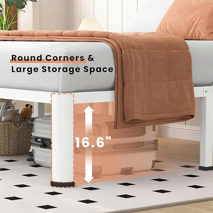 VIPSHOW 18 Inch White Full Heavy Duty 3500 lbs Bed Frame with Round-Corner Legs & Anti-Squeak Design – Quick Assembly Metal Platform, No Box Spring Needed