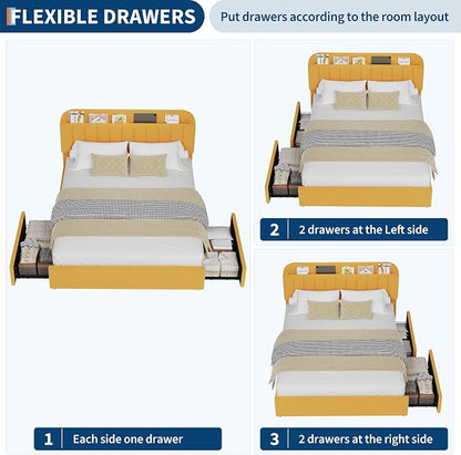 Garvee Full Size Bed Frame with 2 Flexible Drawers, Boucle Upholstered Platform Bed Frame with Bookcase Headboard, Bedframe for Girls/Boys, Easy Assembly, No Box Spring Needed, Noise Free, Yellow