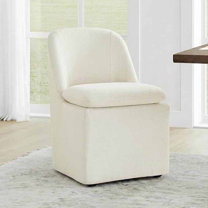 KISLOT Upholstered Dining Chairs Set of 1 with Casters, Modern Side Armless Deskchair with Washable Slipcover & Sturdy Metal Frame for Diningroom Bedroom Livingroom Reading Room, Beige Fabric