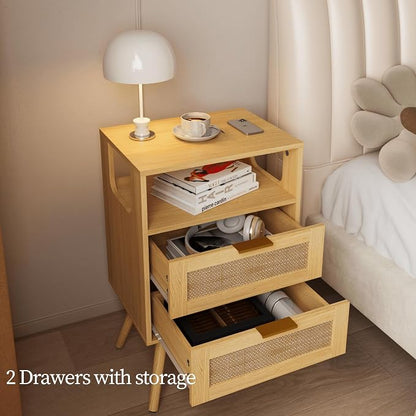 JOONEE Rattan Nightstand,Farmhouse Bedside Table with 2 Storage Drawer and Open Wood Shelf, for Bedroom and Small Spaces,Night Stand with Solid Wood Legs (Yellow Oak)