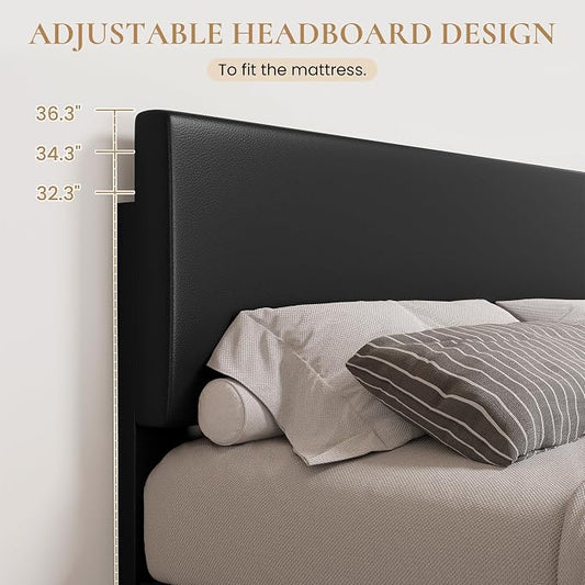 SHA CERLIN PU Leather Upholstered Full Size Bed Frame with Headboard, Black | Adjustable Low-Profile Platform Bed, Minimalist Design, Stable Mattress Foundation, Strong Back-Support, No Box Spring Needed