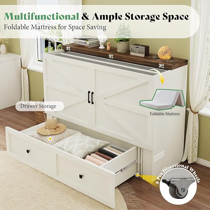 AMERLIFE Full Murphy Bed Cabinet with 6" Tri-Fold Memory Foam Mattress, Storage Drawer & Charging Station, Space-Saving Guest Bed for Home Office, Distressed White