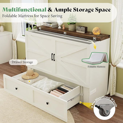 AMERLIFE Full Murphy Bed Cabinet with 6" Tri-Fold Memory Foam Mattress, Storage Drawer & Charging Station, Space-Saving Guest Bed for Home Office, Distressed White