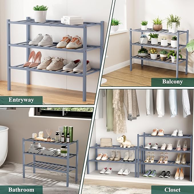 Smiry Bamboo Shoe Rack, 3 Tier Free Standing Wooden Shoe Organizer, Stackable Wood Shoe Storage Shelf for Closet, Entryway, 12 Vertical Slats, 2+1 Stack Standard Legs, 26.8"x11"x19.5", Grey