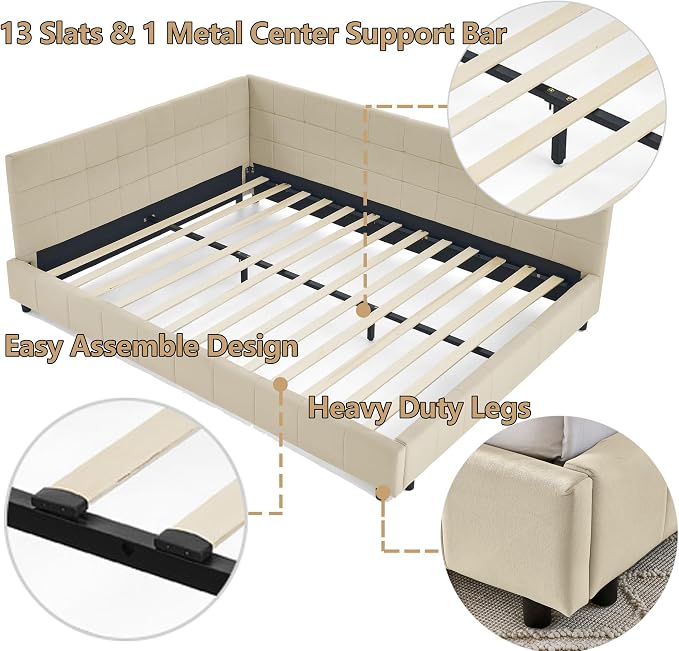 Bellemave Queen Size Corner Bed Frame with Comfortable Backrest and Armrests, Velvet Tufted Corner Bed Frame Queen Size, Upholstered Daybed for Bedroom, Living Room, Guest Room, Beige