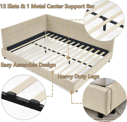 Bellemave Queen Size Corner Bed Frame with Comfortable Backrest and Armrests, Velvet Tufted Corner Bed Frame Queen Size, Upholstered Daybed for Bedroom, Living Room, Guest Room, Beige