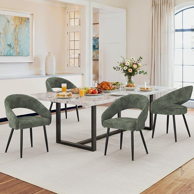 LUE BONA Modern Dining Chairs Set of 2, Upholstered Armrest Side Chairs for Kitchen & Dining Room, 18.5" Seat Height, Comfortable Curved Hollow Backrest, Black Metal Legs, Easy Assembly, Grayish Green