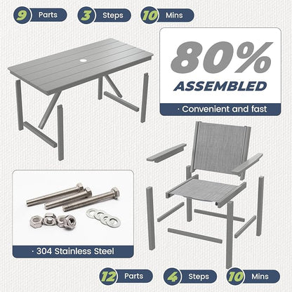 5 Piece HDPE Outdoor Furniture Patio Dining Set, All-Weather Table and Chair Sets with Umbrella Hole Outdoor Dining Table Sets of 4 Textilene Fabric Patio Chairs for Backyard,Poolside,Garden,Deck