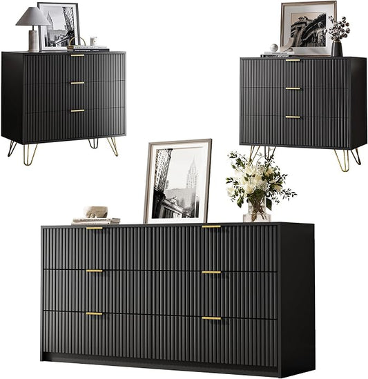 MAISONARIA 3-Piece Dresser Bedroom Set, 6 Drawer Dresser & 3 Drawer Nightstands with Gold Handles, Fluted Wood Chest of Drawers for Bedroom, Living Room, Entryway, Black