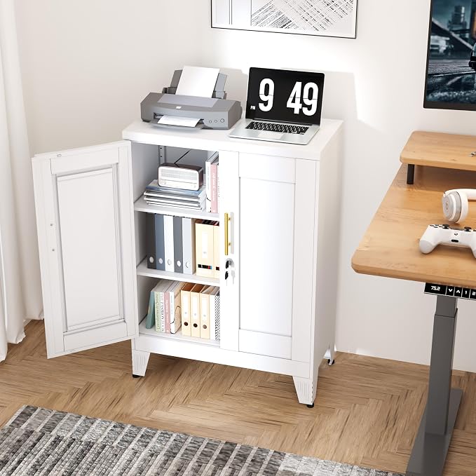 White Metal Storage Cabinet, 36" Tall Locking Storage Cabinet with 2 Adjustable Shelves, Steel Locker Organizer, for Office, Home, School, 11.81" D x 23.62" W x 35.83" H