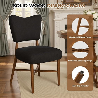 Farmhouse Dining Chairs Set of 2, Linen Seat, Wood Legs, Black | Mid Century Modern, Upholstered Padded Cushion, Solid Wood Cross-Brace, Easy 15-Min Assembly, Kitchen Dining Room