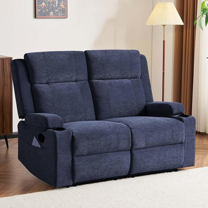GUEAPY 55" Loveseat Reclining Sofa with Cup Holders – Manual Double Reclining Sofa for Aprtment & Small Spaces, Chenille Fabric Reclinig Couch with Wide Armrests & Side Storage for Livingroom Blue