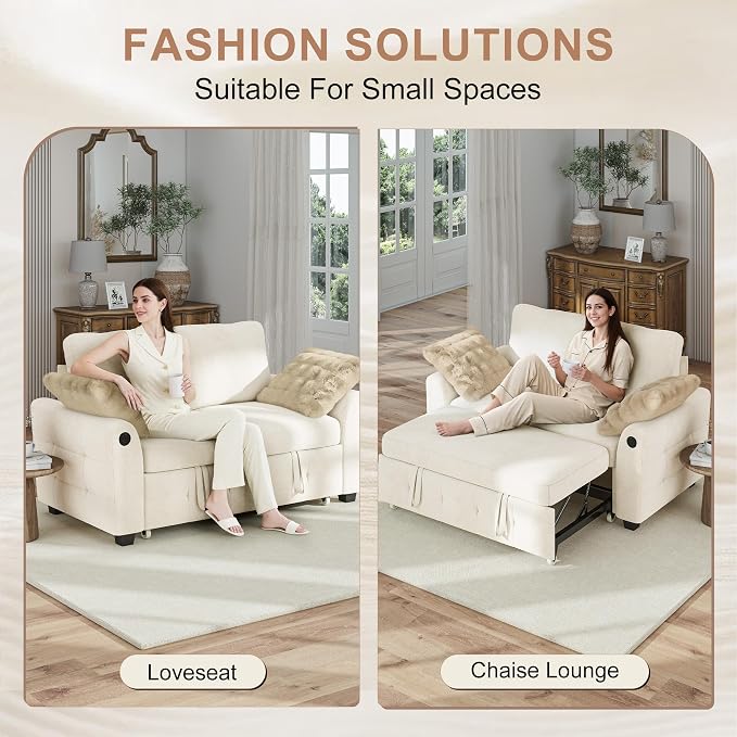 Hanherry 59" Loveseat Sofa with Pull Out Couch Bed, Chenille 2-in-1 Convertible 2 Seater Sleeper Sofa with USB Charging,Comfy Love Seat for Small Spaces Living Room Apartment
