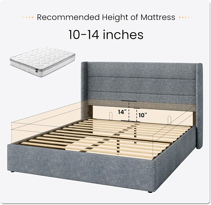 SHA CERLIN Full Size Lift Up Storage Bed/Modern Wingback Headboard/Upholstered Platform Bed Frame/Hydraulic Storage/No Box Spring Needed/Wood Slats Support/Grey Blue