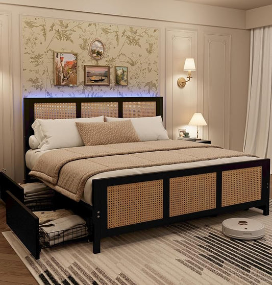 Garvee Rattan King Bed Frame with 4 Storage Drawers, Boho Cane Bed Frame with LED Headboard (7 Colors), Strong Metal Slats Support, Noise Free, No Box Spring Needed, Easy Assembly, Black