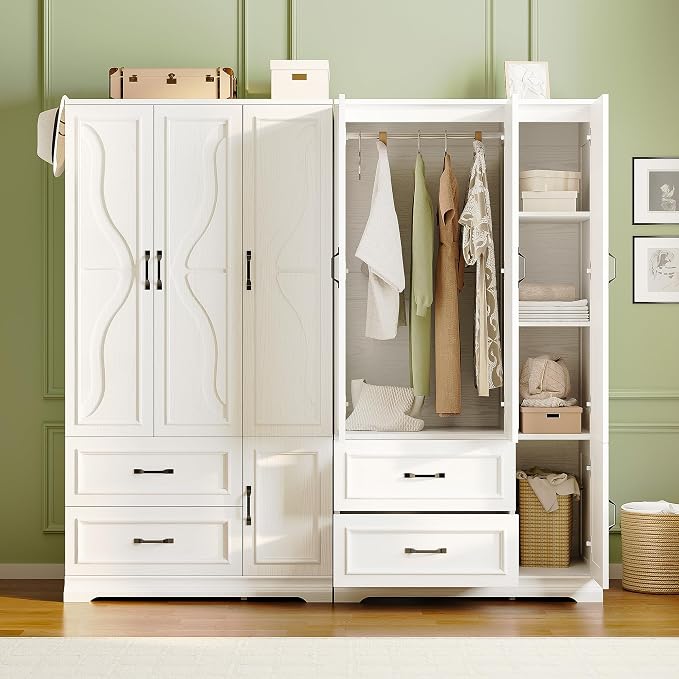 LIKIMIO Armoire Wardrobe Closet with 4 Doors and Drawers, Wardrobe Cabinet with Storage Shelves and Side Hooks, Clothing Storage Cabinet for Bedroom, White