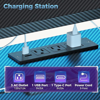 DUMOS 59” Gaming Desk with USB Charging Ports & LED Lights, Reversible Computer Desk with Drawers, PC Desk for Home Office Small Space, Gaming Table Fits PC Towers, Black